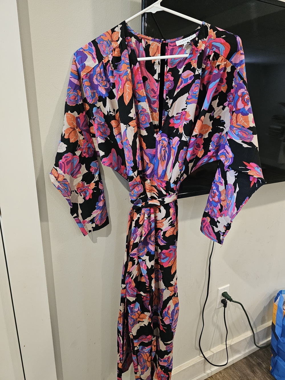 Topshop Black Maxi Dress with Pink, Orange & Purple Floral Print